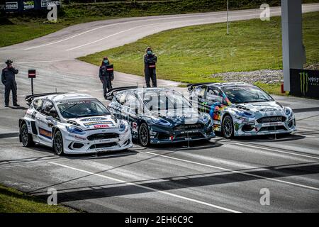 Projekt e, BARRATT Natalie, Ford Fiesta, azione, Projekt e, BLOCK Ken (USA), Ford Fiesta, Action, Projekt e, NEUBAUER Hermann, Ford Fiesta, azione durante lo Swecom World RX di Svezia, 1° round del FIA World Rallycross Championship 2020, FIA WRX, dal 21 al 23 agosto 2020 sulla Holjes Motorstadion, a Holjes, Svezia - Foto Paulo Maria / DPPI Foto Stock