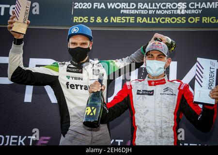 BAUMANIS Janis (LVA), Team Stard (AUT), Ford Fiesta, ritratto, Projekt e, RAYMOND Cyril (fra), Team Stard (AUT), Ford Fiesta, ambientazione da podio durante il Neste World RX di riga-Lettonia, 6° round del FIA World Rallycross Championship 2020, FIA WRX, il 20 settembre 2020 sulla Bikernieku Kompleksa Sporta Beze, a riga, Lettonia - Foto Paulo Maria / DPPI Foto Stock