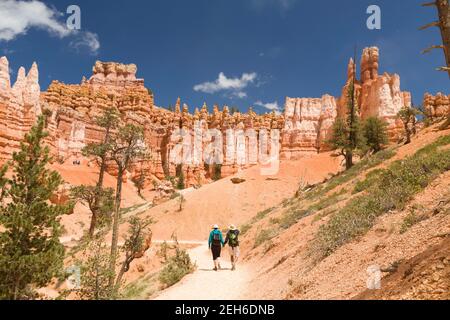 BRYCE CANYON, UTAH - 26 MAGGIO 2012. Escursione di coppia caucasica su un sentiero attraverso il paesaggio del Bryce Canyon National Park, Utah, Stati Uniti Foto Stock