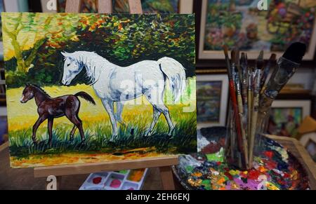 dipinti a mano capolavori originali dell'impressionismo pittura a olio pittura a mano cavallo e pony nello zoo Foto Stock