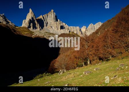 Alba autunnale ad Aiguilles d'Ansàbere nel Cirque de Lescun (Valle d'Aspe, Pirenei Atlantici, Francia) Foto Stock