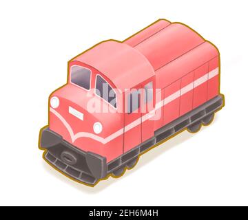 Locomotiva rossa d'epoca, un dipinto digitale del classico treno ferroviario taiwanese sulla strada della foresta Alishan icona cartoon isometrica raster 3D illustrati Foto Stock