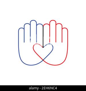 Mano con icona della linea cardiaca, segno vettoriale su sfondo bianco Illustrazione Vettoriale