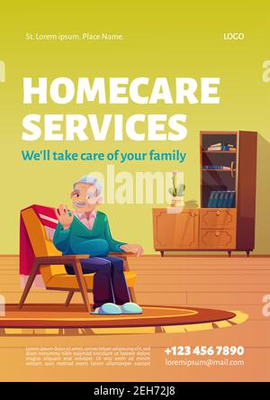 Poster dei servizi Homecare. Concetto di assistenza sociale e assistenza per i pazienti anziani a casa. Vector Flyer con cartoon illustrazione di felice anziano seduto in poltrona nella sua casa Illustrazione Vettoriale