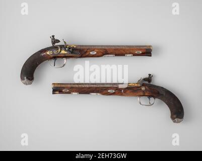Coppia di pistole Flintlock del Principe di Galles, poi Giorgio IV (1762-1830), con Case and Accessories, British, London, allemed per il 1787-88. Foto Stock