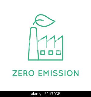 Fabbrica a emissioni zero. Camino industriale con foglia verde. Segnale di emissione zero, logo, icona, simbolo. Industria pulita. Ecocompatibile Illustrazione Vettoriale