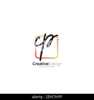 CP Initial Letter Handwriting Logo Handled Colorful box vettoriale, logo per bellezza, cosmetici, matrimoni, moda e business, e altro Illustrazione Vettoriale