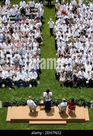 First Lady Michelle Obama si rivolge a centinaia di chef di tutto il paese durante una "mossa!" Evento sul Prato Sud della Casa Bianca, 4 giugno 2010. La First Lady ha invitato gli chef a partecipare adottando una scuola e lavorando con insegnanti, genitori, nutrizionisti scolastici e amministratori per aiutare i bambini a educare il cibo e la nutrizione. Foto Stock