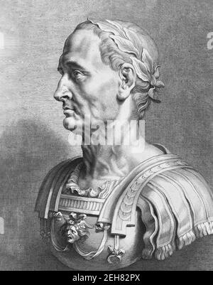 Giulio Cesare. Ritratto del dittatore romano Giulio Cesare (100 a.C. - 44 a.C.), incisione seicentesca di un busto di marmo Foto Stock