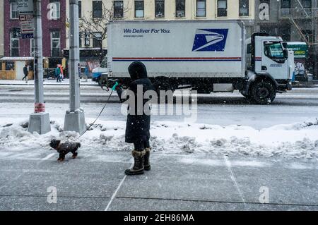 Una donna cammina il suo cane come la neve cade nel quartiere Chelsea di New York Giovedi, 18 febbraio 2021 come New York è colpito con un'altra tempesta di neve. (© Richard B. Levine. Foto Stock