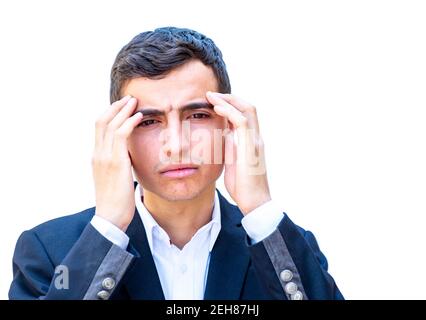 Uomo d'affari arabo estremamente stanco e malato Foto Stock