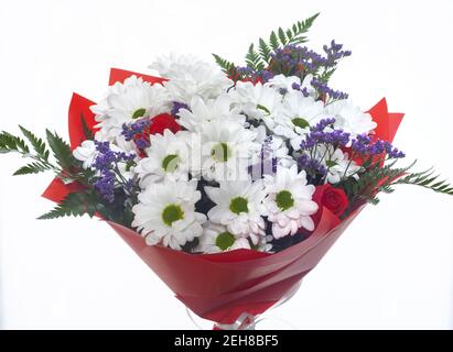 Un bouquet splendidamente progettato di crisantemi bianchi e rose rosse su sfondo bianco. Vista frontale, primo piano. Foto Stock