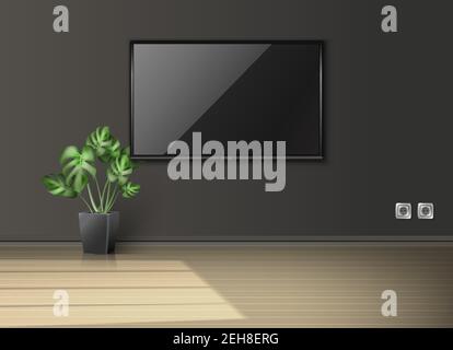 realistico vettore vuoto soggiorno con schermo sulla parete e pianta in un vaso nero con luce solare proveniente dalla finestra. Illustrazione Vettoriale