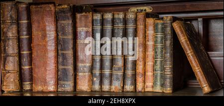 libri vecchi posti su mensola di legno Foto Stock