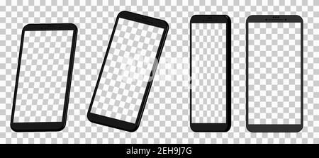 Quattro modelli di smartphone in diverse proiezioni 3d. Modelli per la progettazione dell'interfaccia utente. Nero su sfondo vuoto, schermate vuote. Illustrazione Vettoriale