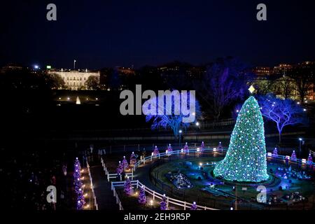L'albero di Natale nazionale è illuminato sulla Ellisse a Washington D.C., 9 dicembre 2010. La Casa Bianca è visibile sullo sfondo. Foto Stock