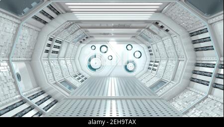 Vista frontale dell'interno di un corridoio riflettente di una navicella spaziale in luce bianca con una porta chiusa con serratura circolare sullo sfondo. Illustrazione 3D Foto Stock