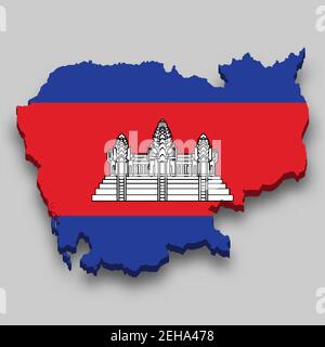 Mappa isometrica 3d della Cambogia con bandiera nazionale. Illustrazione vettoriale. Illustrazione Vettoriale