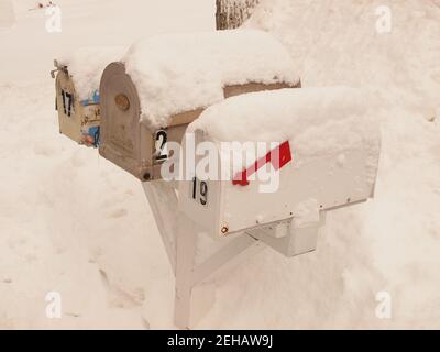 Tre caselle postali rurali coperte di neve dopo una tempesta nel New Jersey nel febbraio 2021. Quasi tre piedi di neve copriletto la zona. Foto Stock