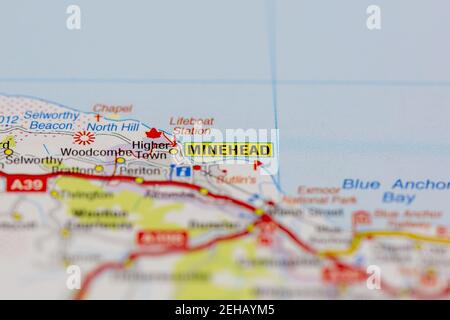 Minehead e le aree circostanti visualizzate su una mappa stradale o. Mappa geografica Foto Stock
