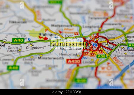 Gloucester e le aree circostanti mostrate su una mappa stradale o. Mappa geografica Foto Stock