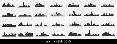 Silhouette del set di doodle della città. Collezione di profili scuri disegnati a mano di edifici e paesaggi di città e città urbano paesaggio isolato su sfondo trasparente Illustrazione Vettoriale