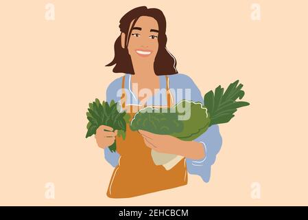 Donna con verdure fresche verdi in cucina Illustrazione Vettoriale