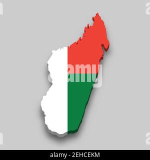 Mappa isometrica 3d del Madagascar con bandiera nazionale. Illustrazione vettoriale. Illustrazione Vettoriale