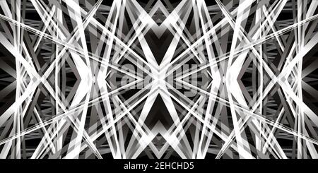 Illustrazione 3D di un caleidoscopio geometrico in bianco e nero, per sfondi astratti o futuristici o canali alfa. Foto Stock