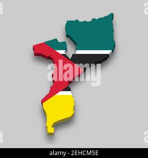 Mappa isometrica 3d del Mozambico con bandiera nazionale. Illustrazione vettoriale. Illustrazione Vettoriale
