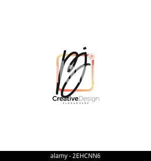 PJ Initial Letter Handwriting Logo Handled Colorful box vettoriale, logo per bellezza, cosmetici, matrimoni, moda e business, e altro Illustrazione Vettoriale