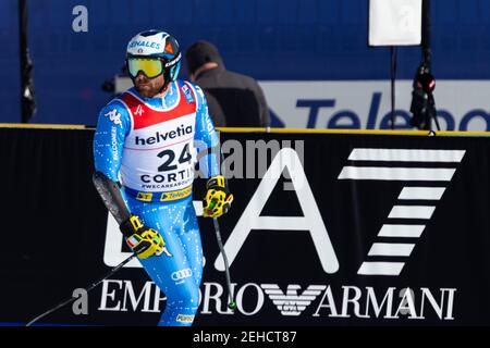 Cortina (BL, Italia. 19 Feb 2021. Cortina (BL), Italia, Labirinti, 19 febbraio 2021, Riccardo Tonetti (ITA) durante i Campionati Mondiali di SCI Alpino 2021 - Giant Slalom - uomini - gara di sci alpino Credit: Francesco Scaccianoce/LPS/ZUMA Wire/Alamy Live News Foto Stock