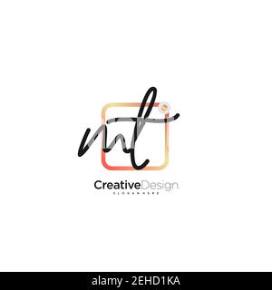 MT Initial Letter Handwriting logo disegno a mano casella colorata vettore, logo per la bellezza, cosmetici, matrimoni, moda e business, e altro Illustrazione Vettoriale