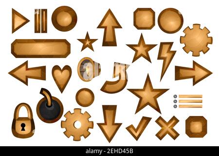 Un'ampia serie di elementi di gioco isolati su sfondo bianco. Design per giochi per computer. Simboli e icone. Raccolta di pulsanti per giochi e app Illustrazione Vettoriale