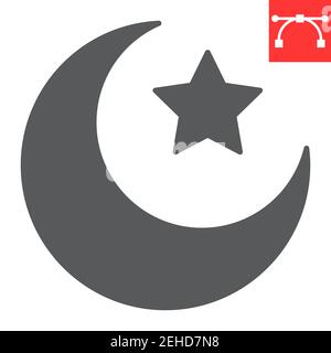 Icona glifo a stella e mezzaluna, Happy Ramadan e muslim, icona vettoriale a mezzaluna islamica, grafica vettoriale, segno solido del tratto modificabile, eps 10. Illustrazione Vettoriale