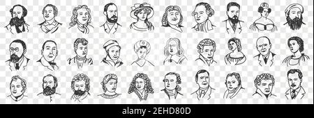 Ritratti di medie età persone doodle set. Collezione di donne e uomini disegnati a mano con vari acconciature barba e baffi che indossano cappelli e cappucci isolati su sfondo trasparente Illustrazione Vettoriale