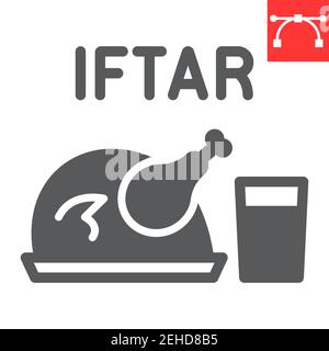 Icona glifo IFTAR, Ramadan felice e religione, cibo di pollo con icona vettore d'acqua, grafica vettoriale, segno solido tratto modificabile, eps 10. Illustrazione Vettoriale