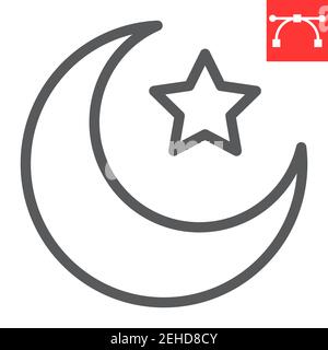 Icona a stella e a mezzaluna, Happy Ramadan e muslim, icona del vettore a mezzaluna islamico, grafica vettoriale, segno del contorno del tratto modificabile, eps 10. Illustrazione Vettoriale