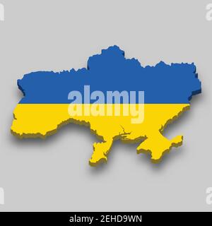 Mappa isometrica 3d dell'Ucraina con bandiera nazionale. Illustrazione vettoriale. Illustrazione Vettoriale