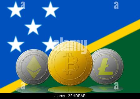Tre criptovalute Bitcoin Ethereum e Litecoin con bandiera delle Isole Salomone sullo sfondo. Foto Stock