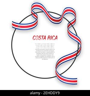 Bandiera a nastro ondulata del Costa Rica sulla cornice circolare. Modello per la progettazione di poster del giorno dell'indipendenza Illustrazione Vettoriale