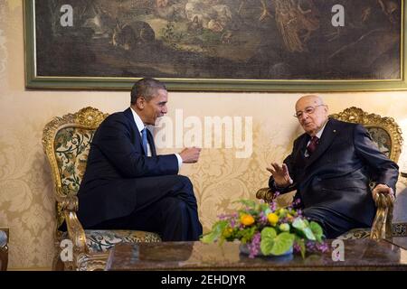 Il Presidente Barack Obama incontra il Presidente italiano Giorgio Napolitano a Palazzo Quirinale a Roma, 27 marzo 2014. Foto Stock