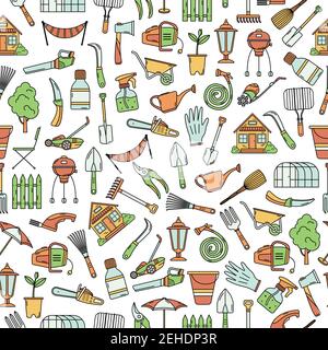 Il modello vettoriale senza giunture con strumenti da giardino. Sfondo. Illustrazione Vettoriale