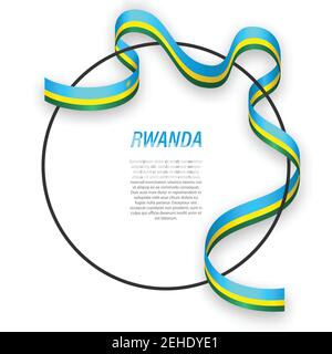 Bandiera a nastro sventolante del Ruanda sulla cornice circolare. Modello per la progettazione di poster del giorno dell'indipendenza Illustrazione Vettoriale