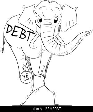 Uomo d'affari o uomo che porta un elefante pesante sulla schiena, peso per debito, cartoon vettore figura stick o illustrazione di carattere. Illustrazione Vettoriale