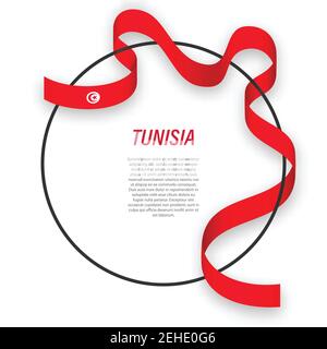 Bandiera a nastro ondulata della Tunisia su cornice circolare. Modello per la progettazione di poster del giorno dell'indipendenza Illustrazione Vettoriale