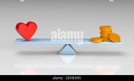 Bilancia il denaro o il cuore. Concetto di salute o denaro, rapporto per denaro. rendering 3d. Foto Stock