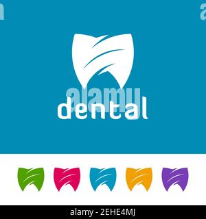 Icone dei denti astratti a forma di scudo su sfondo bianco e blu. Design con logo minimal per dentisti. Illustrazione Vettoriale