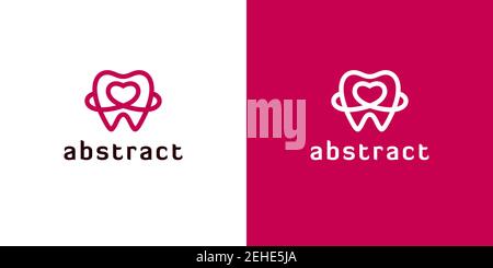 Icone astratte dei denti con forme cardiache su sfondi bianchi e rossi. Loghi per dentisti. Illustrazione Vettoriale