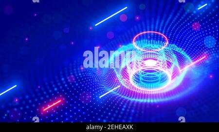 Onda sonora astratta. Sottofondo tecnologico di musica al neon nel nightclub. L'equalizzatore visualizza le onde musicali in stile informatico tecnologico. Forma di punti luce 3d Illustrazione Vettoriale